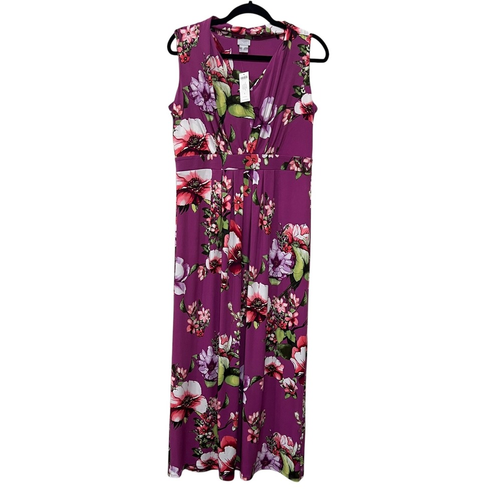 NWT Chico's Floral Maxi Dress Purple Sleeveless V-Neck Size 1 Medium Boho Travel